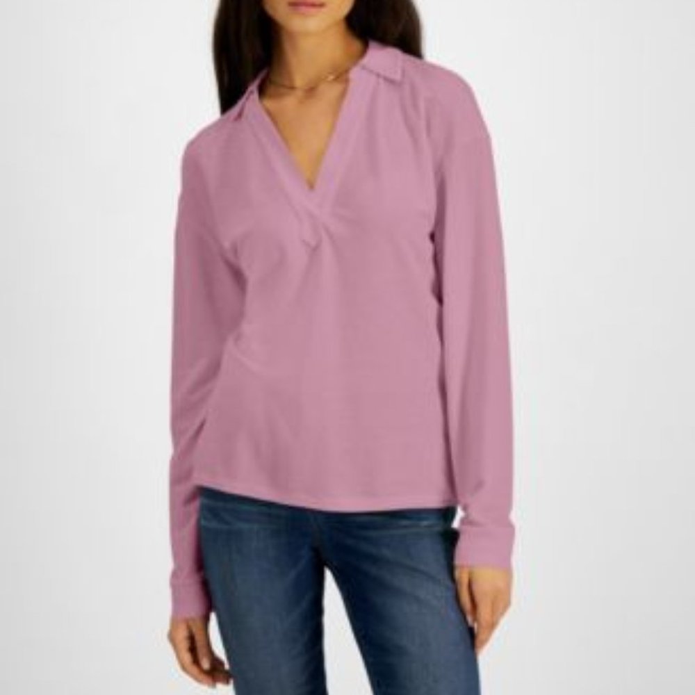 SIZE:XS INC EVENING MAUVE LNG SLV BLOUSE W/V-NECK AND FLAT COLLAR